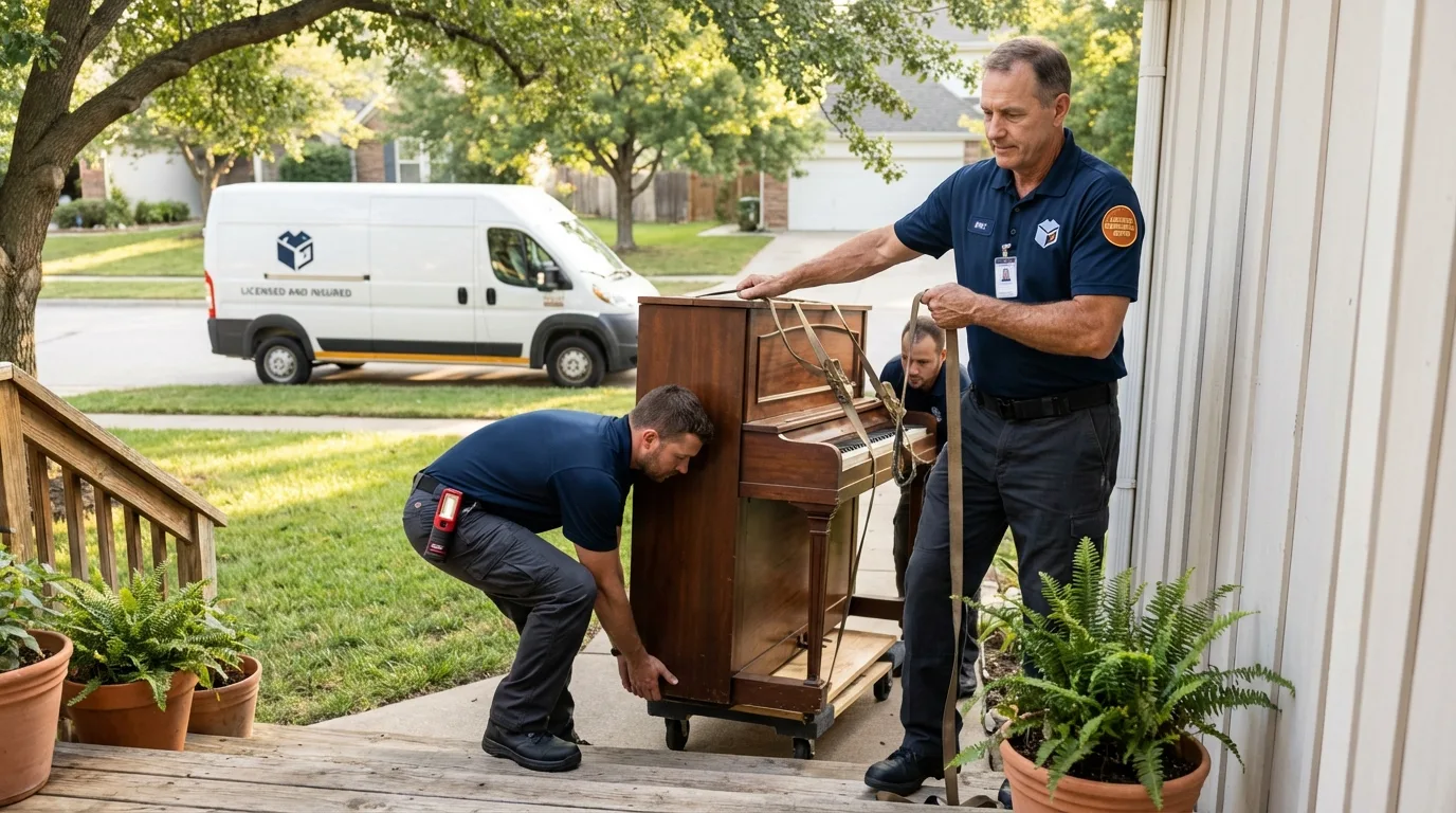 Licensed piano movers securing grand piano in Dunsmuir, CA