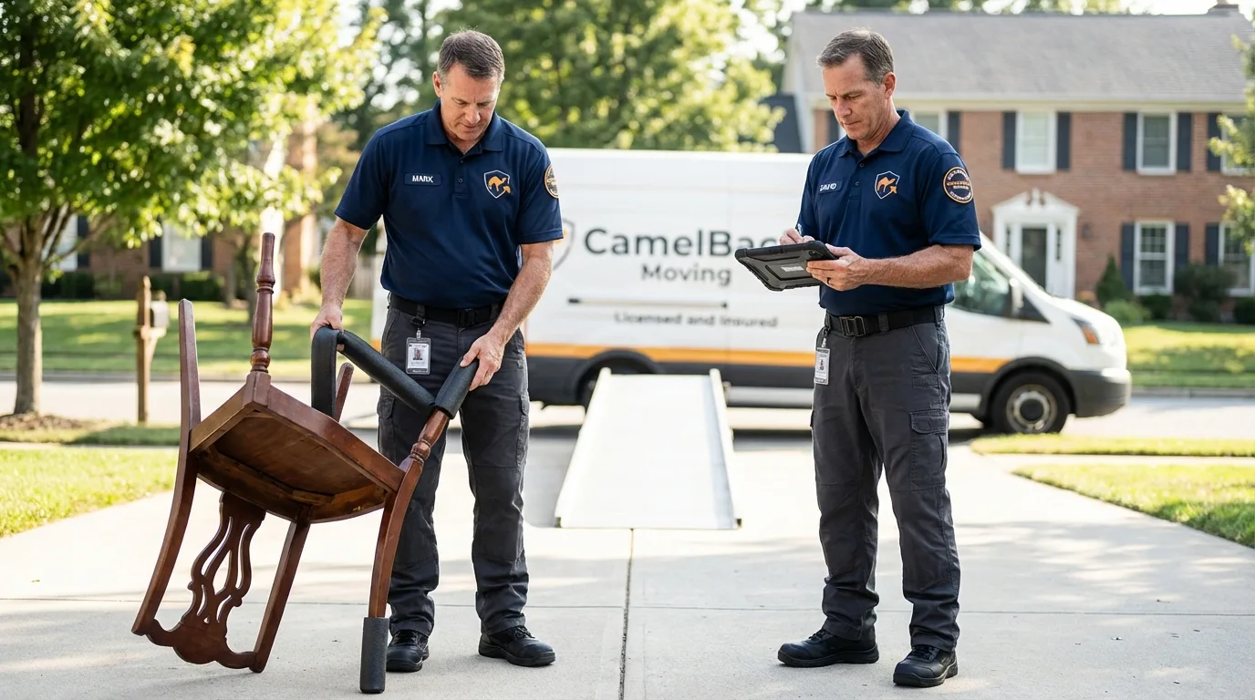 Movers inspecting furniture for damage prevention before loading in Dunsmuir, CA